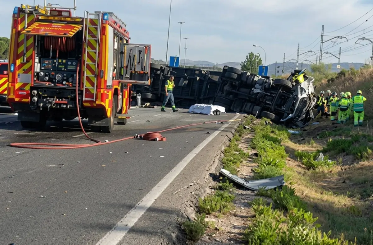 Un camión articulado vuelca en la A-6 a la altura de Las Rozas y deja un herido potencialmente grave